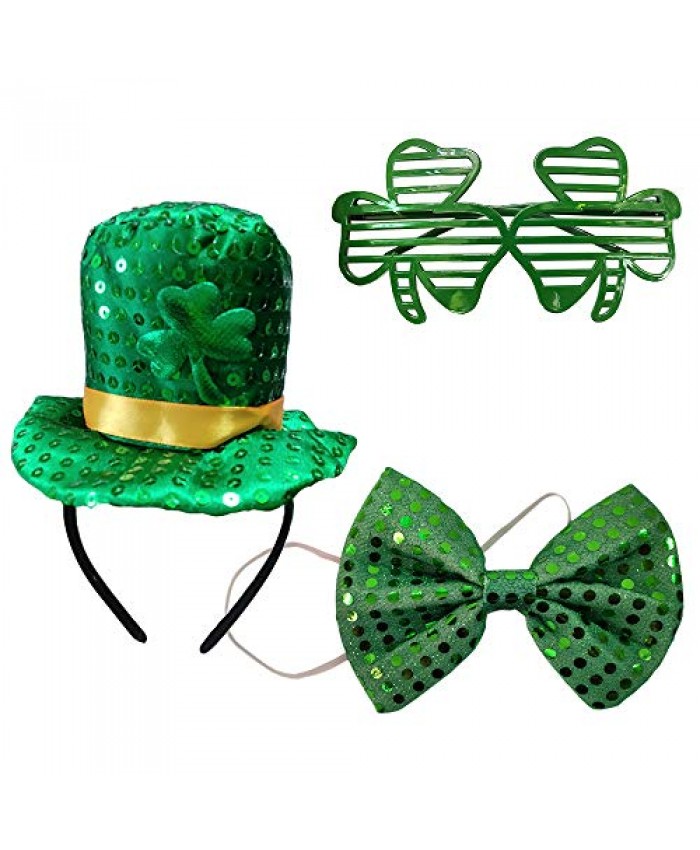 St. Patrick's Day Headband Top Hat Hair Bands Clover Glasses Eyeglasses Sequin Bow Tie Shamrock Bead Necklace Women Green Leprechaun Irish Day Parade Carnival Holiday Party Supplies Favor 3 Pack