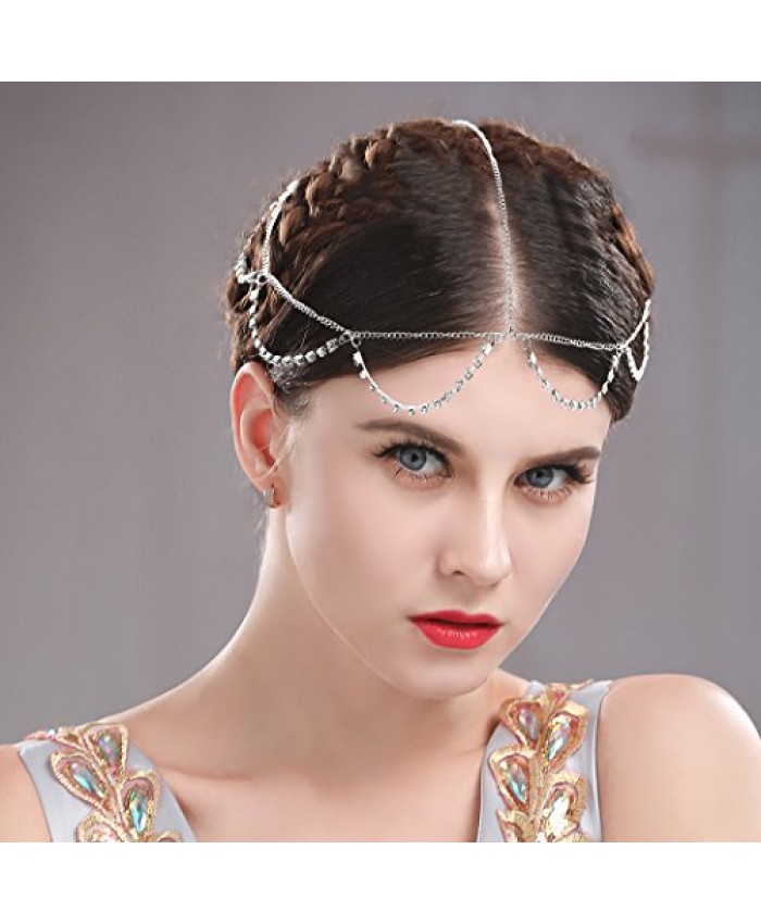 Urieo Boho Rhinestone Head Chains Jewelry Silver Crysatal Forehead Chain Wedding Headband Headpieces for Women and Girls