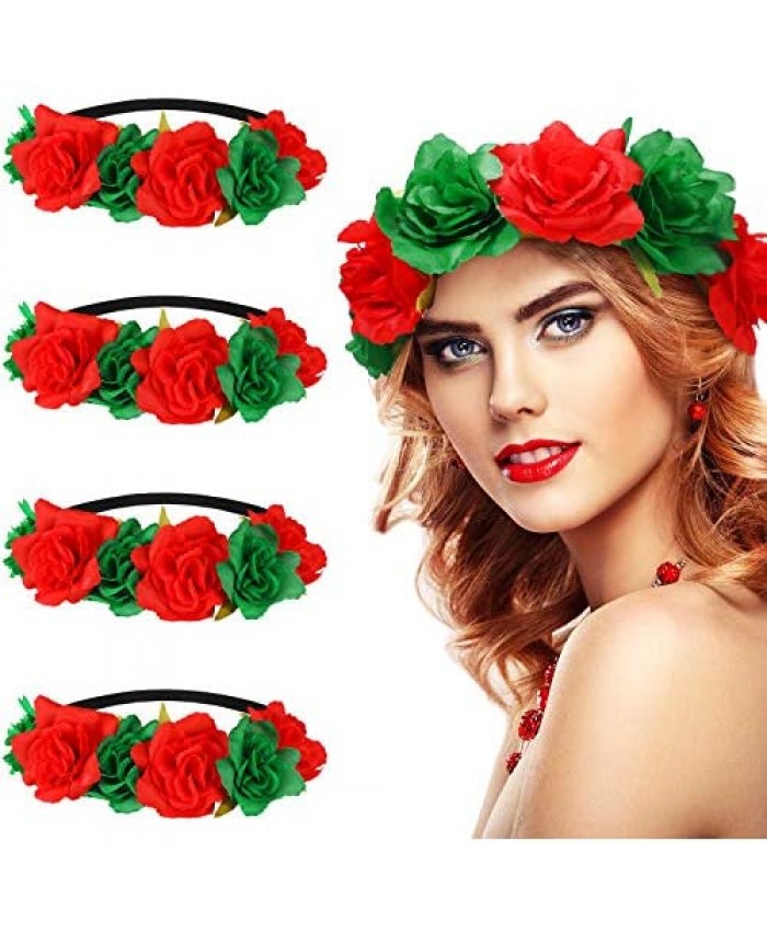 WILLBOND 4 Pieces Christmas Rose Flower Crown Headbands Red and Green Festival Hair Wreath Headbands Artificial Flower Headpieces for Xmas Wedding Festival Party