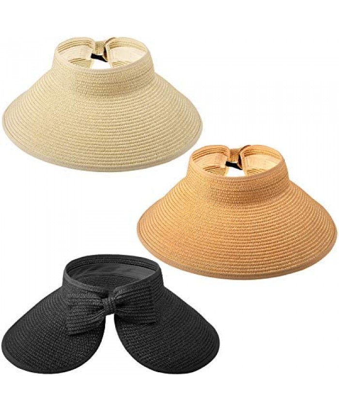 3 Pieces Straw Hats Women Sun Visors Hat Wide Brim Roll Up Straw Cap Beach Sun Straw Hat Foldable Summer Straw Cap for Travel
