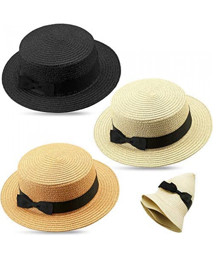 3 Pieces Women Straw Boater Hat Summer Mini Bowknot Straw Flat Top Panama Brim Hat