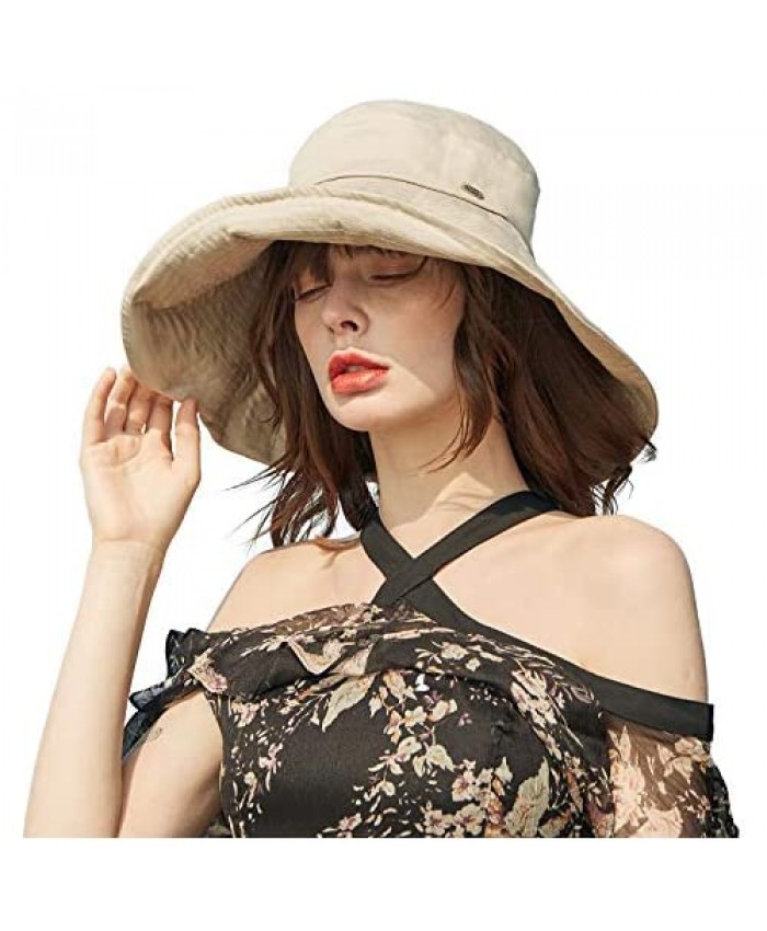 CACUSS Women's UPF 50+ Summer Sun Hats Cotton Beach Hat Packable 15cm Large Brim with Neck Protection Chin Strap Size M/L