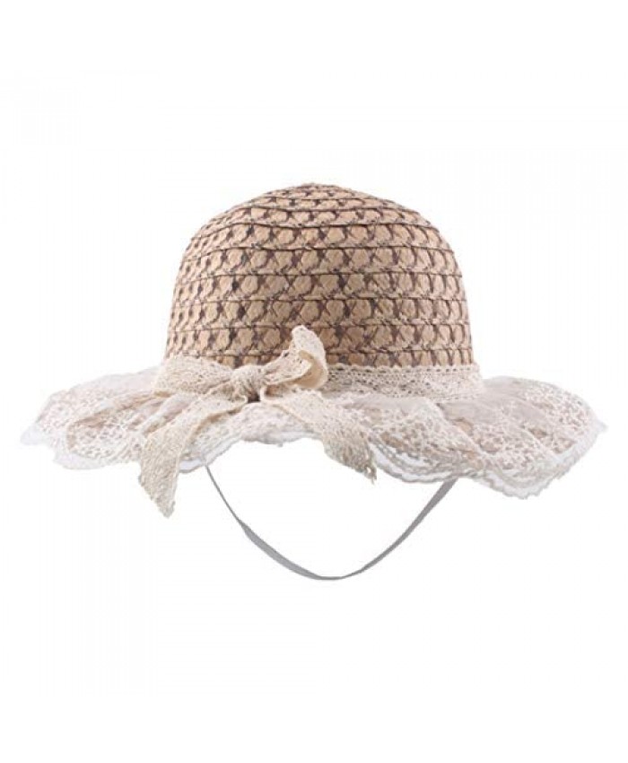 Dreamyn Summer Straw Hat Wide Brim Beach Hats Cute Lace Bowknot Sun Hat for Women and Girls