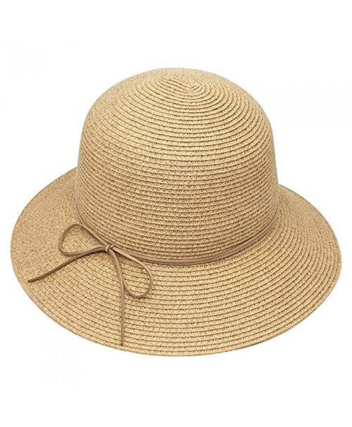 JENDI Womens Cloche Bucket Sun Straw Hat for Summer Beach Travel Foldable Wide Brim UV Protection UPF50+ Adjustable