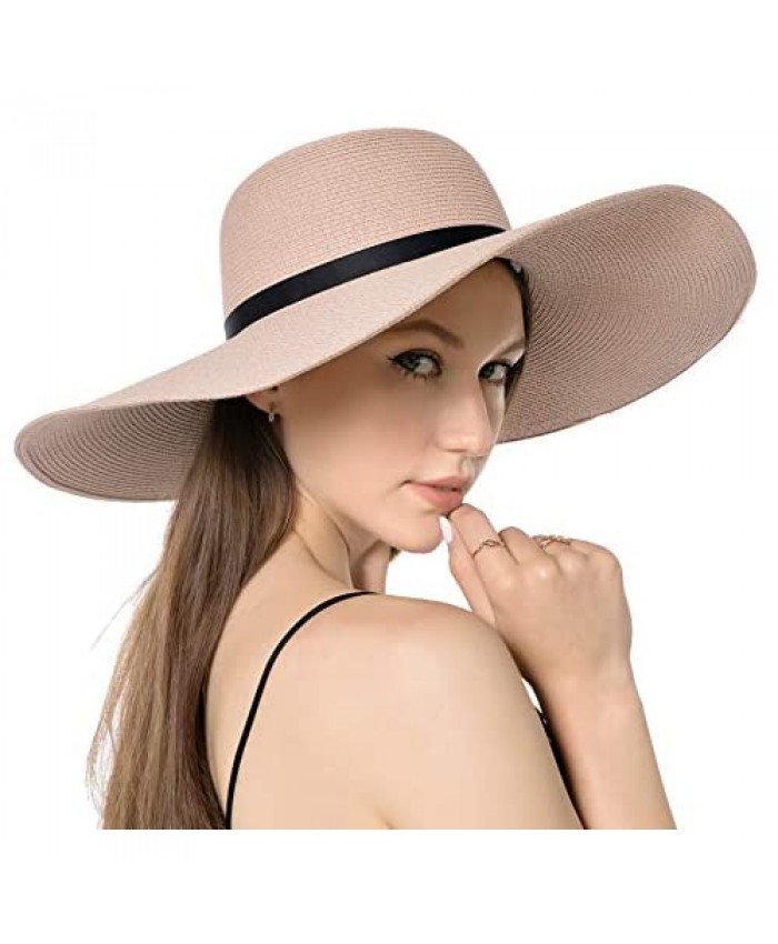 Muryobao Women 5.4 Inches Wide Brim Straw Sun Hat Floppy Foldable Roll up Cap Beach Summer Hats UPF 50+