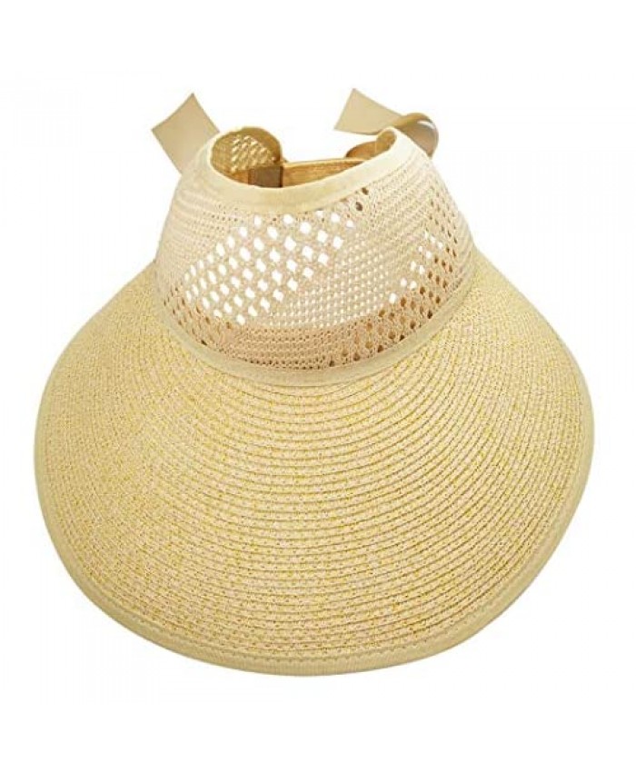Straw Sun Visor Hat for Women Wide Brim Ponytail Summer Hat Floppy Foldable Cap