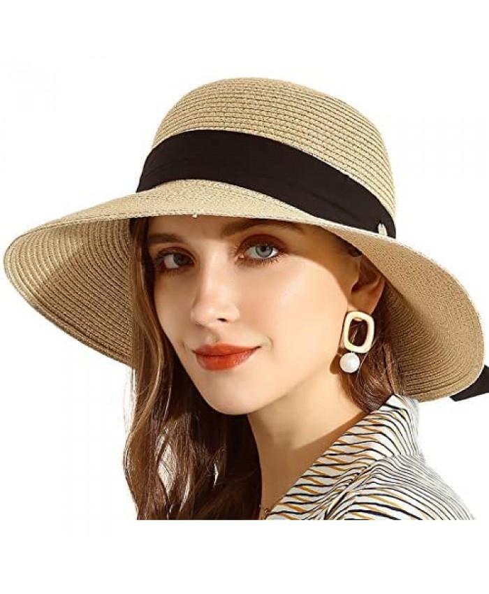 URSFUR Sun Bucket Straw Hats - Wide Brim Beach Hat UPF 50+ Sun Protection Cap for Women