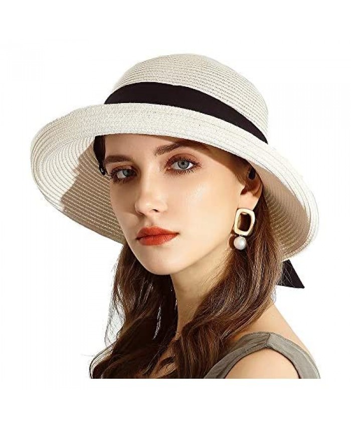 URSFUR Women Sun Wide Brim Straw Panama Hat Fedora Beach Roll up Cap UPF50+