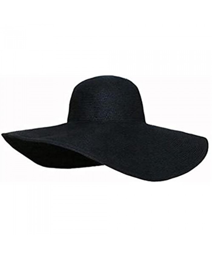 VANTOBEST 1Pcs Women Wide Brim Straw Hat Foldable Beach Floppy Sun Hat Black