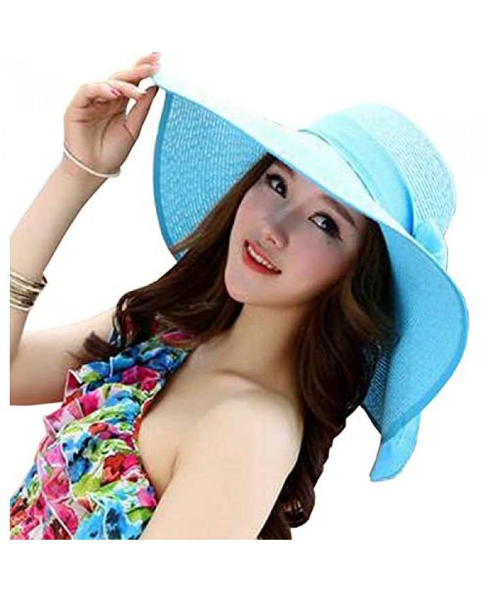 VICVER Fashion Straw Hat Ribbon Big Floppy Brim Visor Hat Summer Beach Visor Cap (Sky Blue)