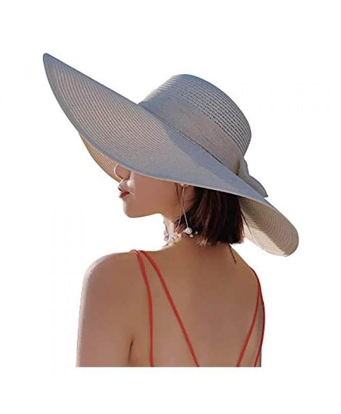 WOJWSKI Women Beach Straw Hat Wide Brim Sun Hat Foldable Roll up Summer Cap UPF 50+