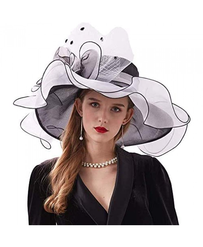 Women Kentucky Derby Church Dress Fascinator Cap Organza Wide Brim Floral Wedding Tea Party Hat