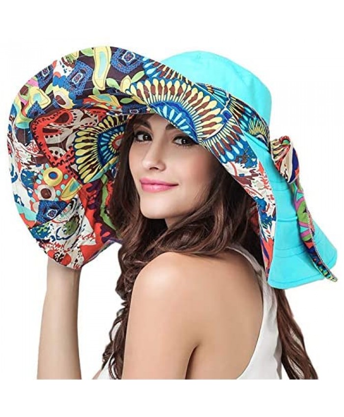 Womens Beach Hat Floppy Reversible Big Sun Hat Wide Brim Fedora SPF Hat UPF 50+ Blue