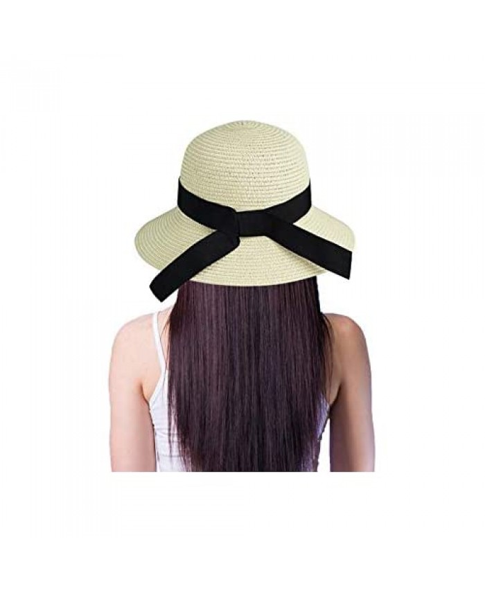 Womens Bowknot Beach-Hat Floppy - Summer Straw-Sun-Hat Foldable