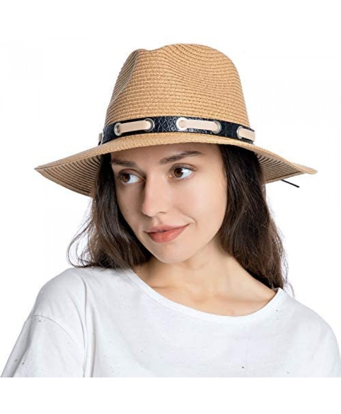 Womens Mens UPF Wide Brim Straw Panama Hat Fedora Summer Beach Sun Hat