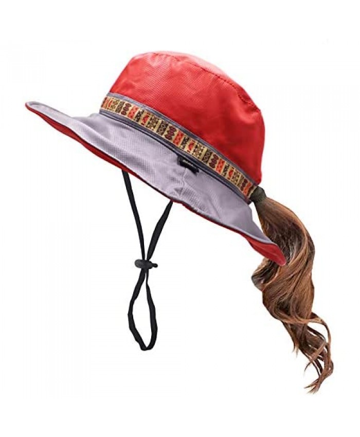 Women's Summer Foldable Wide Brim Sun UV Protection Hat with Ponytail Hole Beach Fishing Hat