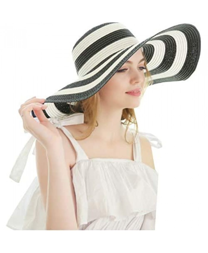 Womens Sun Striped Straw Hat Wide Big Brim UPF 50 + Summer Hat Foldable Roll up Floppy Beach Beachwear Hats for Women Black and White
