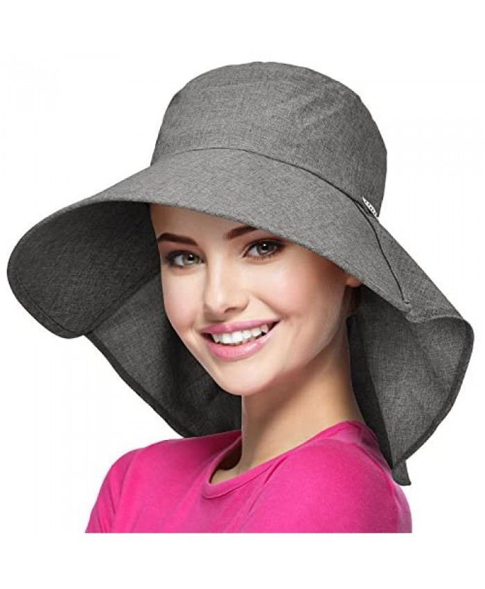 Womens Wide Brim Sun Protection Hat w/Flap Neck Cover for Summer Safari Hiking