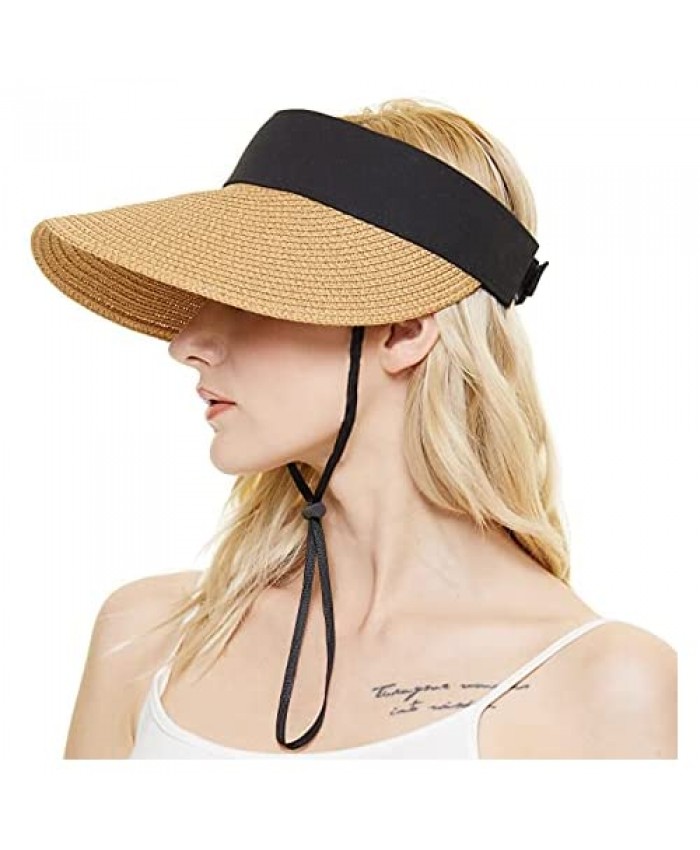 ZORBA Sun Visor Hats for Women Wide Brim Straw Roll up Summer Sun Beach Hat Ponytail Cap UV UPF 50 Foldable Wind Lanyard