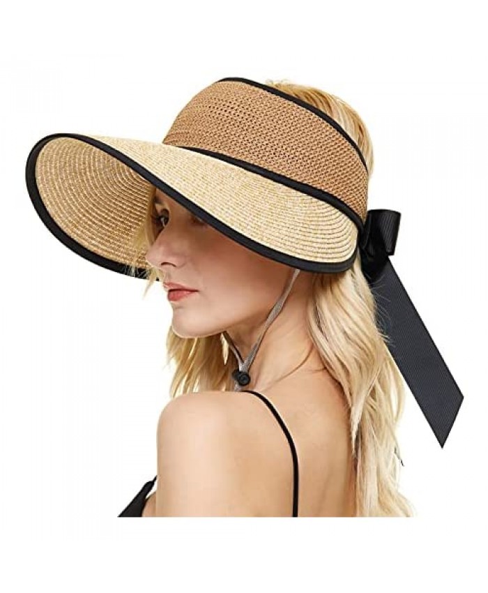 ZORBA Womens Straw Sun Visor Hats Wide Brim Roll-up Foldable Summer Beach Hat Sun Cap with Wind Lanyard & Bow-Knot