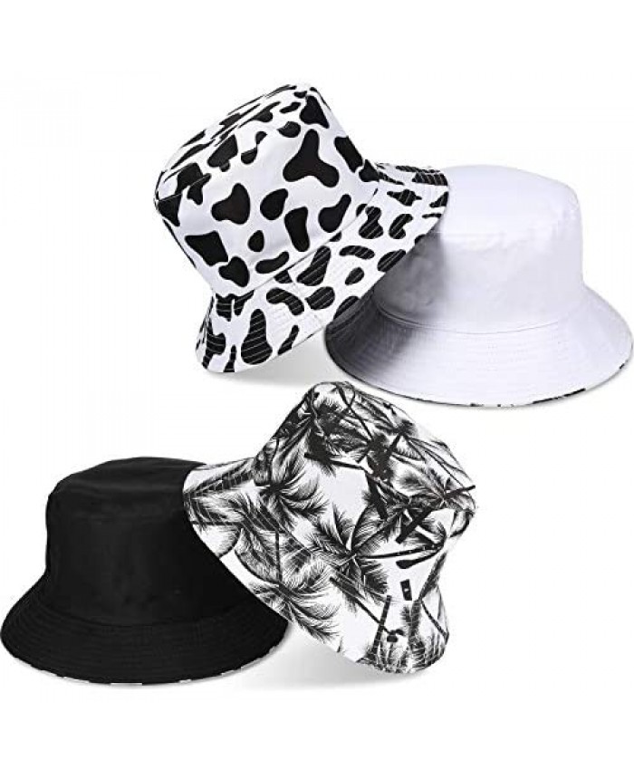 2 Pack Bucket Hat Cow Print Bucket Hat Original Summer Boonie Cap with Coconut Tree Pattern for Women and Men