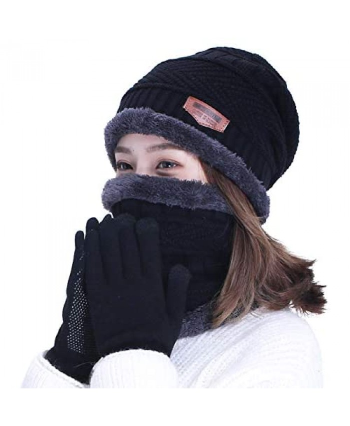 HINDAWI Slouchy Beanie Scarf Gloves Set for Women Warm Skull Cap Scarves Touch Screen Mittens Black