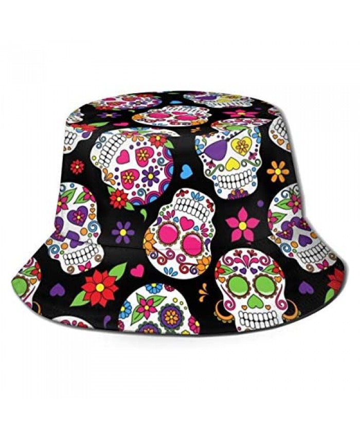 LANEABUY Unisex Stylish Bucket Hat Fisherman Hat Summer PackableTravel Beach Sun Hat(Sugar Skull Flower Black)