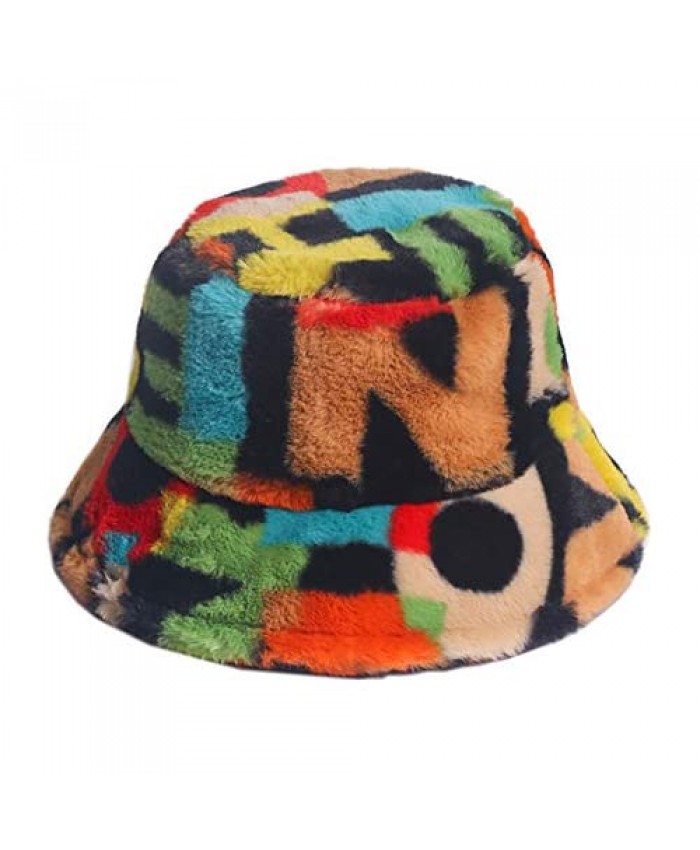 Mordarli Adult Faux Fur Bucket Hats Hip hop Colorful Print Fisherman Cap Warm Outdoor Windproof Cap