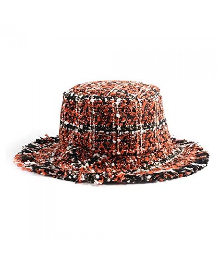 Plaid Tweed Bucket Hat for Women Winter Sequins Fisherman Hat with Tassels