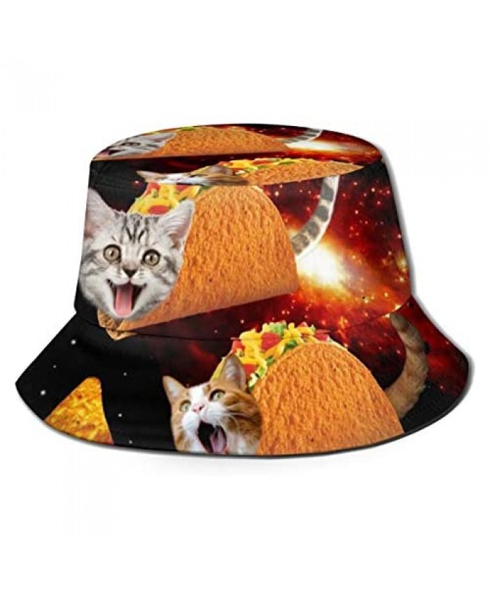 Unisex Cats Space Taco Print Travel Bucket Hat Summer Fisherman Cap Sun Hat