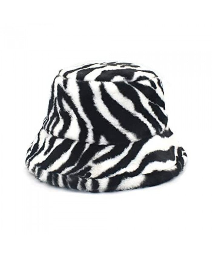 Winter Bucket Hats Faux Fur Fisherman Cap Leopard Zebra Milk Cow Print Warm Ladies Cap Outdoor Windproof Cap