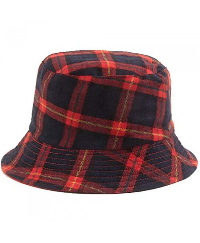 Women Fashion Plaid-Bucket Hat Reversible Fisherman-Sun Hat Packable