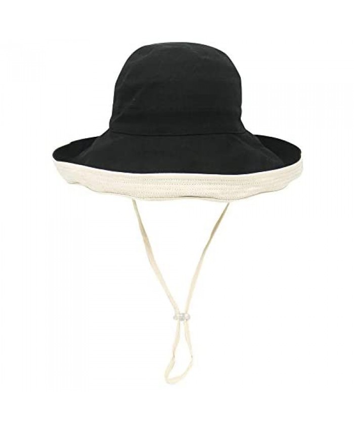Womens UPF50+ Wide Brim Cotton Sun Hat Bucket Both Side Wearable Packable w/Detachable Windproof Chin Cord