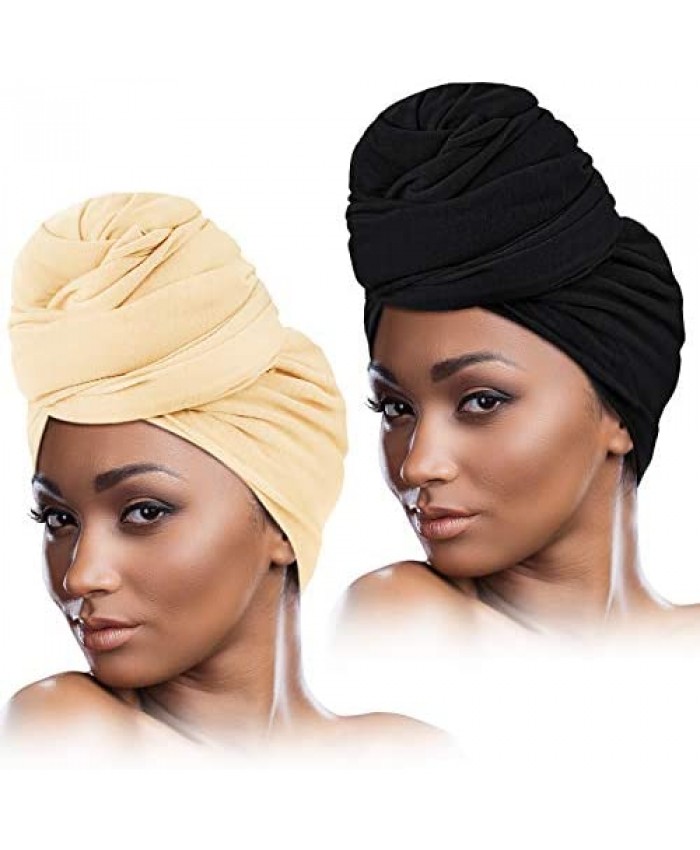 2 Pieces Stretch Head Wrap Scarf Stretchy Turban Long Hair Scarf Wrap Solid Color Soft Head Band Tie for Women (Black Cream)