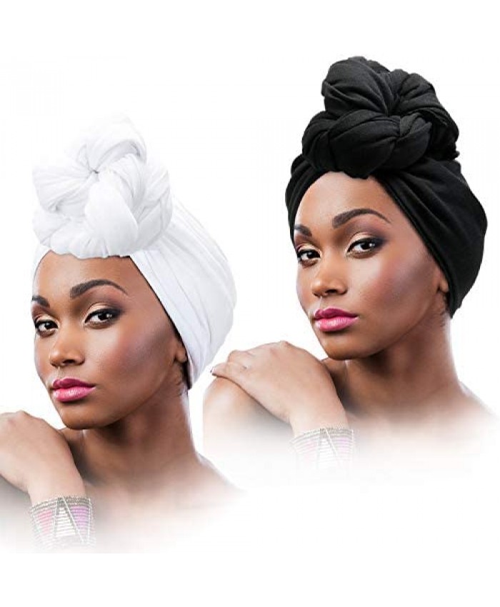 2 Pieces Stretch Head Wrap Scarf Stretchy Turban Long Hair Scarf Wrap Solid Color Soft Head Band Tie for Women (Black White)