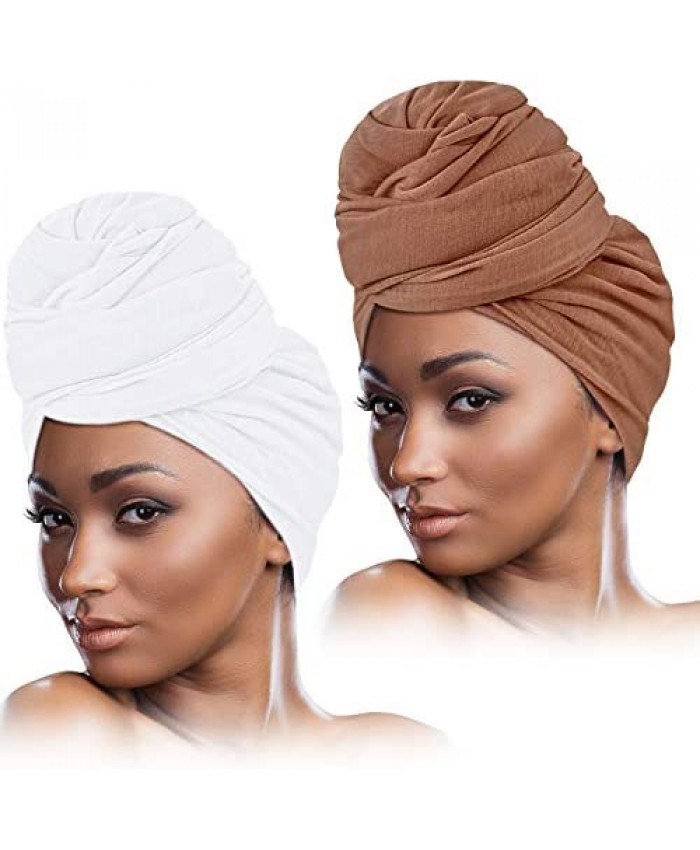 2 Pieces Stretch Head Wrap Scarf Stretchy Turban Long Hair Scarf Wrap Solid Color Soft Head Band Tie for Women (Brown White)