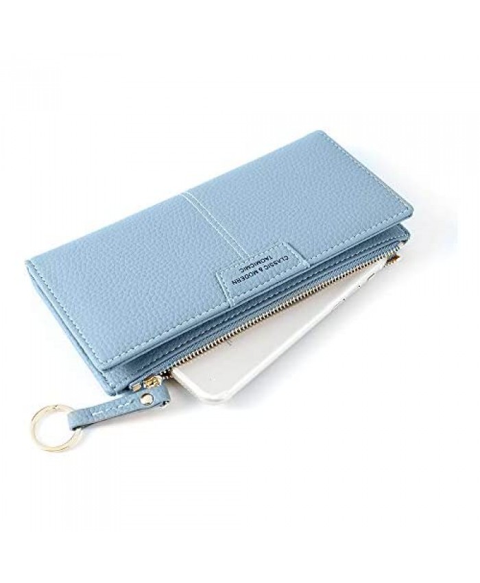 Fahion Slim Minimalist Leather ID/Credit Card Holder RFID Blocking Long Bifold Ring Zipper Wallet Travel Cellphone Case Holster Clutch Purse Handbag for Women (Blue)
