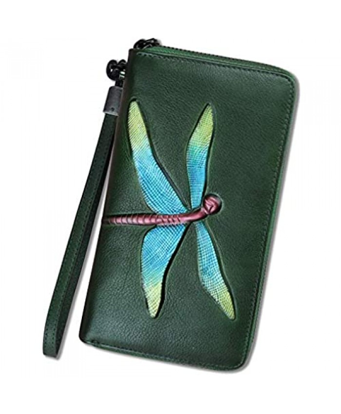 Genuine Leather Wallets for Women Zip Around RFID Blocking Wallet Purse Vintage Embossing Cowhide Capacity Handmade Clutch (Green)