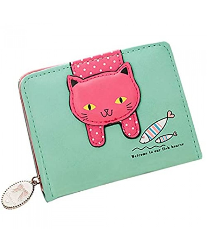 Girls Wallet Cute Cat Wallet Cat Pattern Purse Coin Holder Card Organizer(Green)