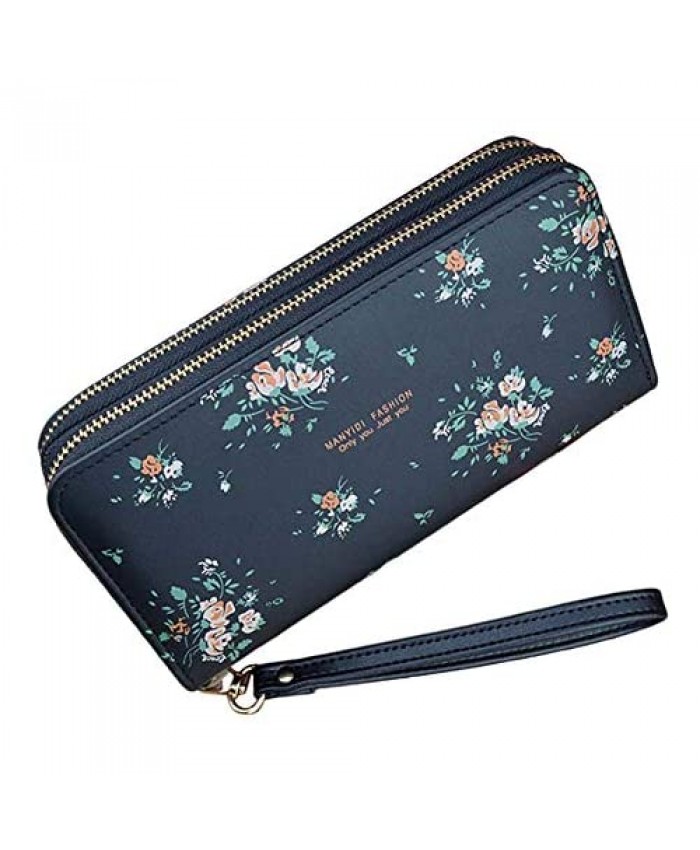 HOYOFO Double Zip Around Wristlet Wallet for Women PU Leather Cellphone Clutch Wallet Long Purse for Card Cash Coin Bill