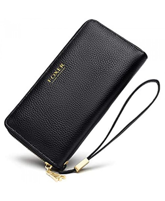 Leather Zip Around Wallets for Women Genuine Leather RFID Blocking Gift Box Packing 17 Card Slots Ladies Long Purses with Zipper Coin Pocket Women's Clutch Wallets with Wristband (Black)