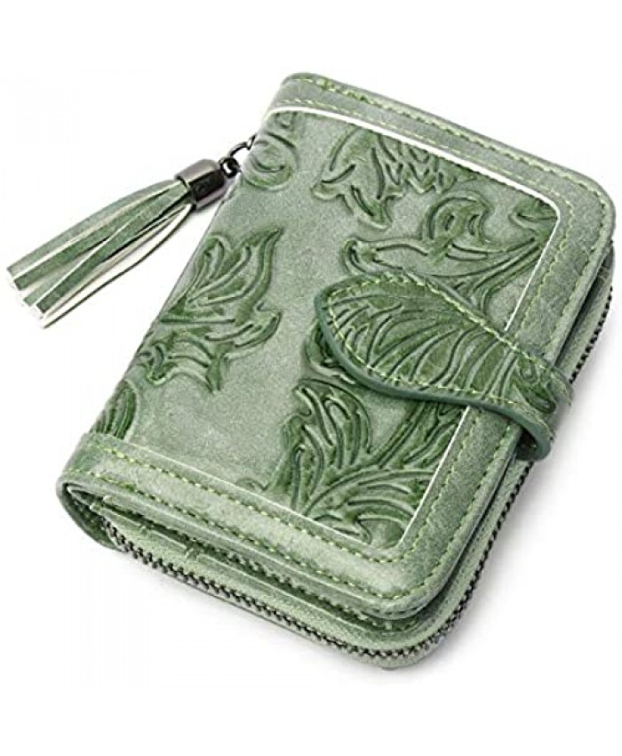 MEITRUE Womens Small Wallet RFID Blocking Bifold Compact Purse For Ladies PU Leather Tassel Zipper Pocket Embossed Card Holder 589-3GREEN