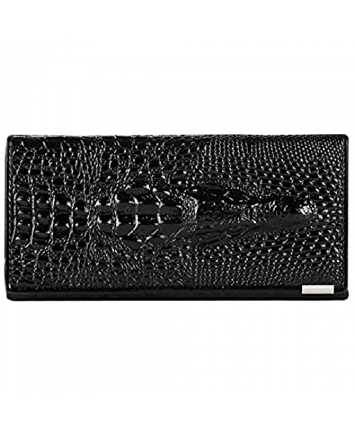 Rebecca Men Women Embossed Crocodile Pattern Clutch Wallet Cowhide Leather Long Card Holder Purse (Black)